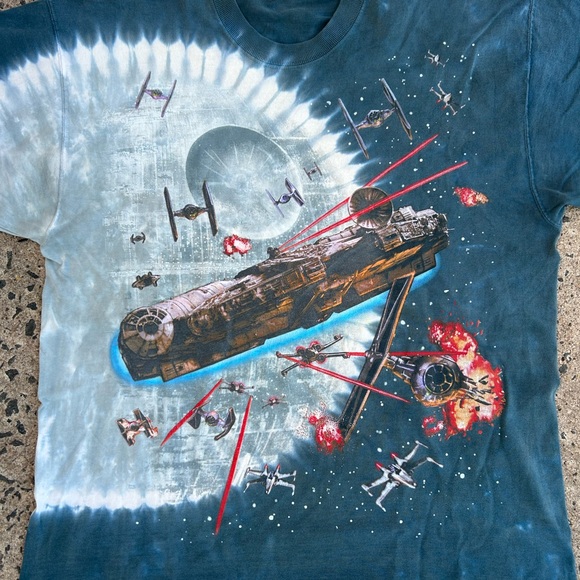 VTG Rare 1997 Star Wars Liquid Blue Tee Mens XL AOP Millennium Falcon Death Star - Picture 5 of 9